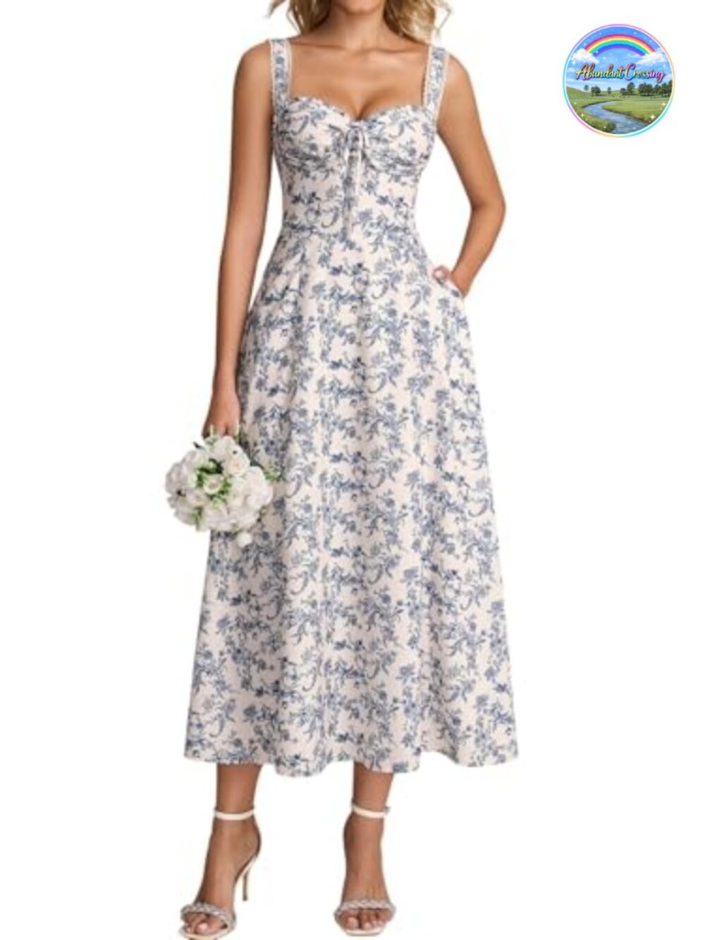 Women Floral Corset Midi Dress with Pockets Sweetheart Neckline Lace Up Back